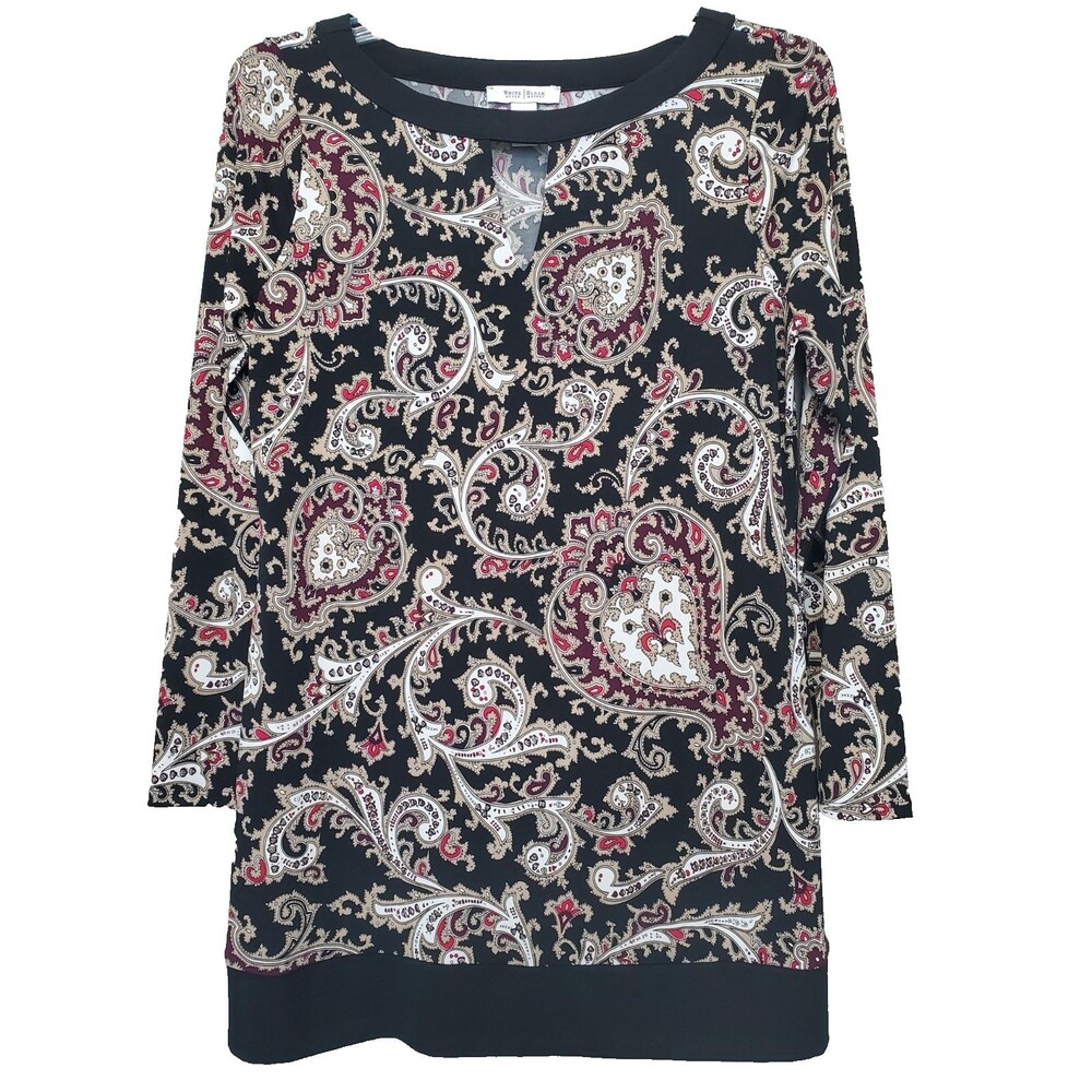 WHBM Black Paisley Keyhole Neck Long Sleeve Shift Dress Size Large Stretchy